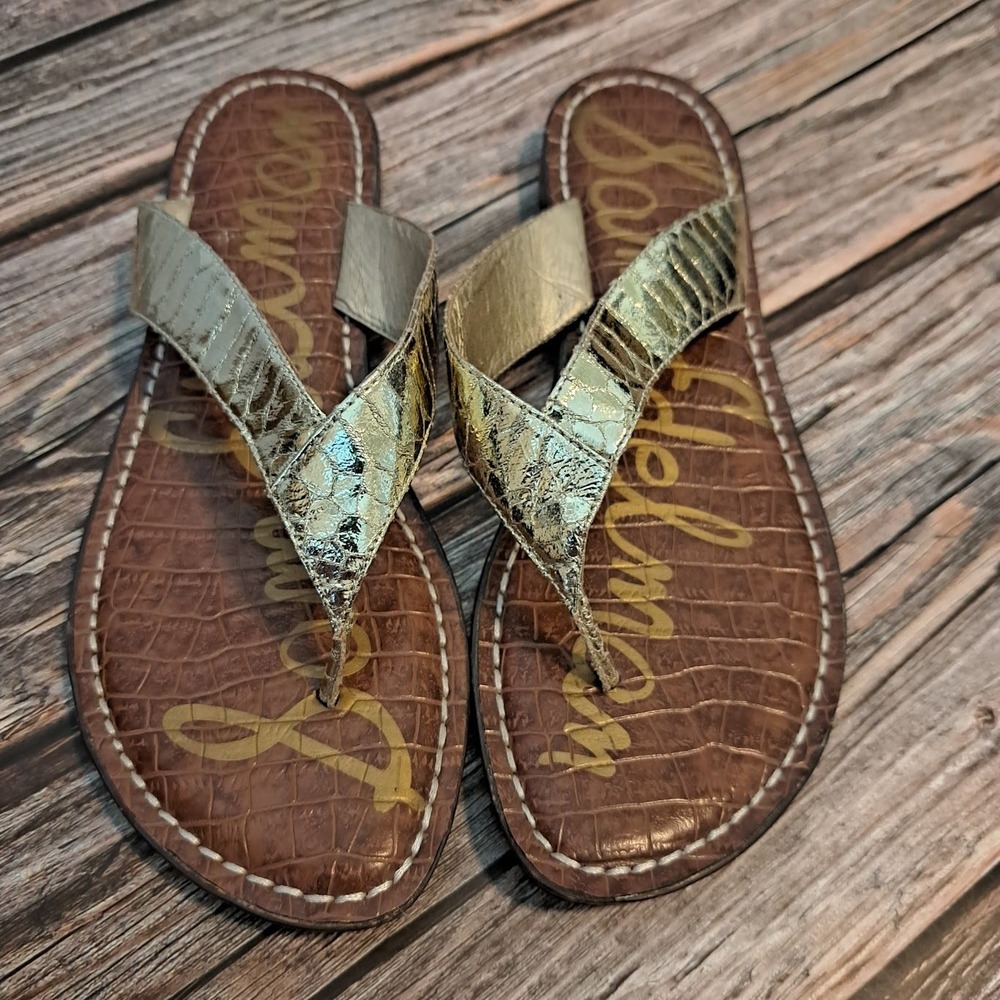 Sam Edelman Kyra Metallic Gold Snakeskin Croc Embossed Thong Sandals Womens 9M